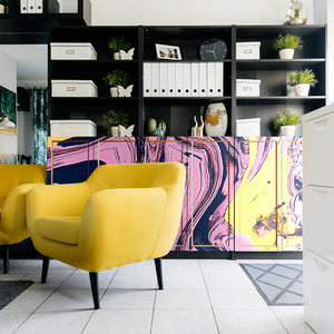 Affinity, abstract painting pink, yellow, black modern design for furniture vinyl wrap cupboards restoration 